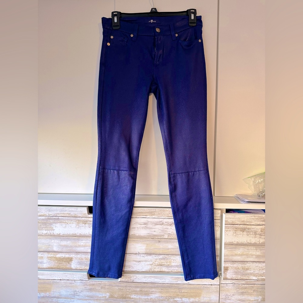 💙 7 For All Mankind Blue Coated Skinny Jeans Size 26 Stretch Luxe